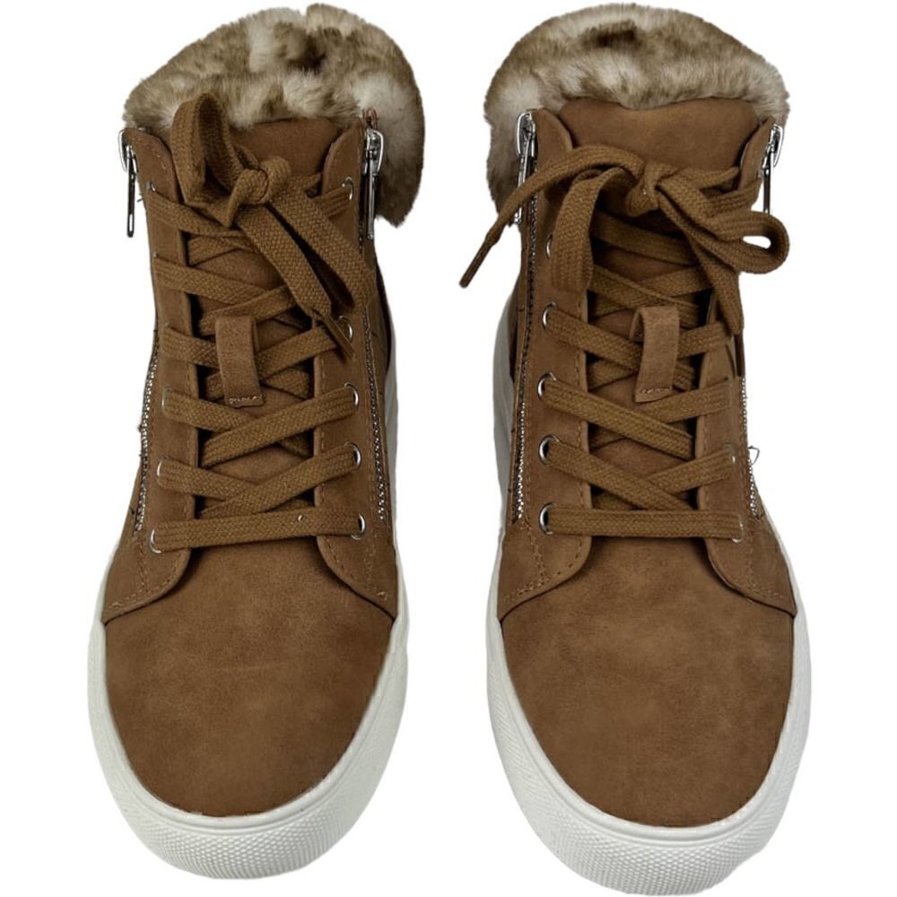 New Report Women US 7.5 Brown Shoes Fur High Top Sneakers Lace Up Zip Booties
